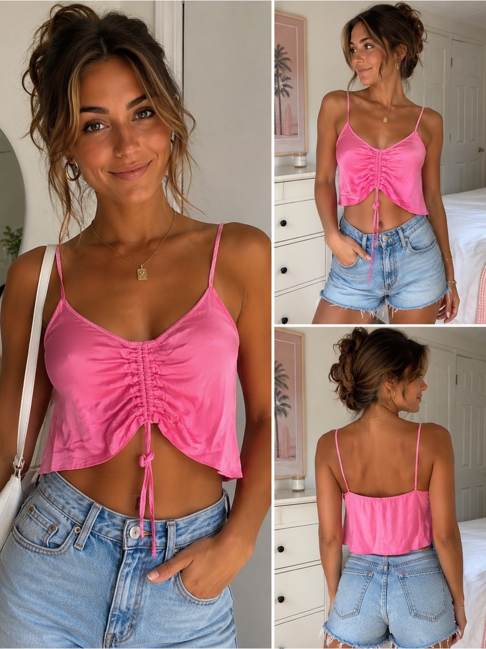 Aerie Pink Satin Ruched Drawstring Crop Cami Top Women’s Small